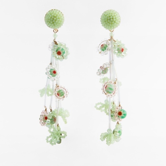 ZARA Beaded Long Drop Earrings Green BNWT - Picture 1 of 5